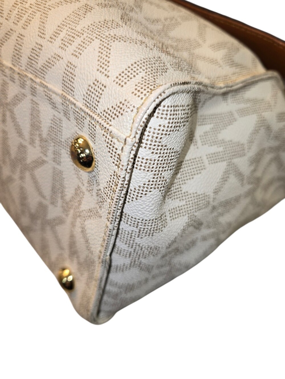 Michael Kors Tan Leather and Cream MK Logo Satchel with Gold Accents - Picture 7 of 10
